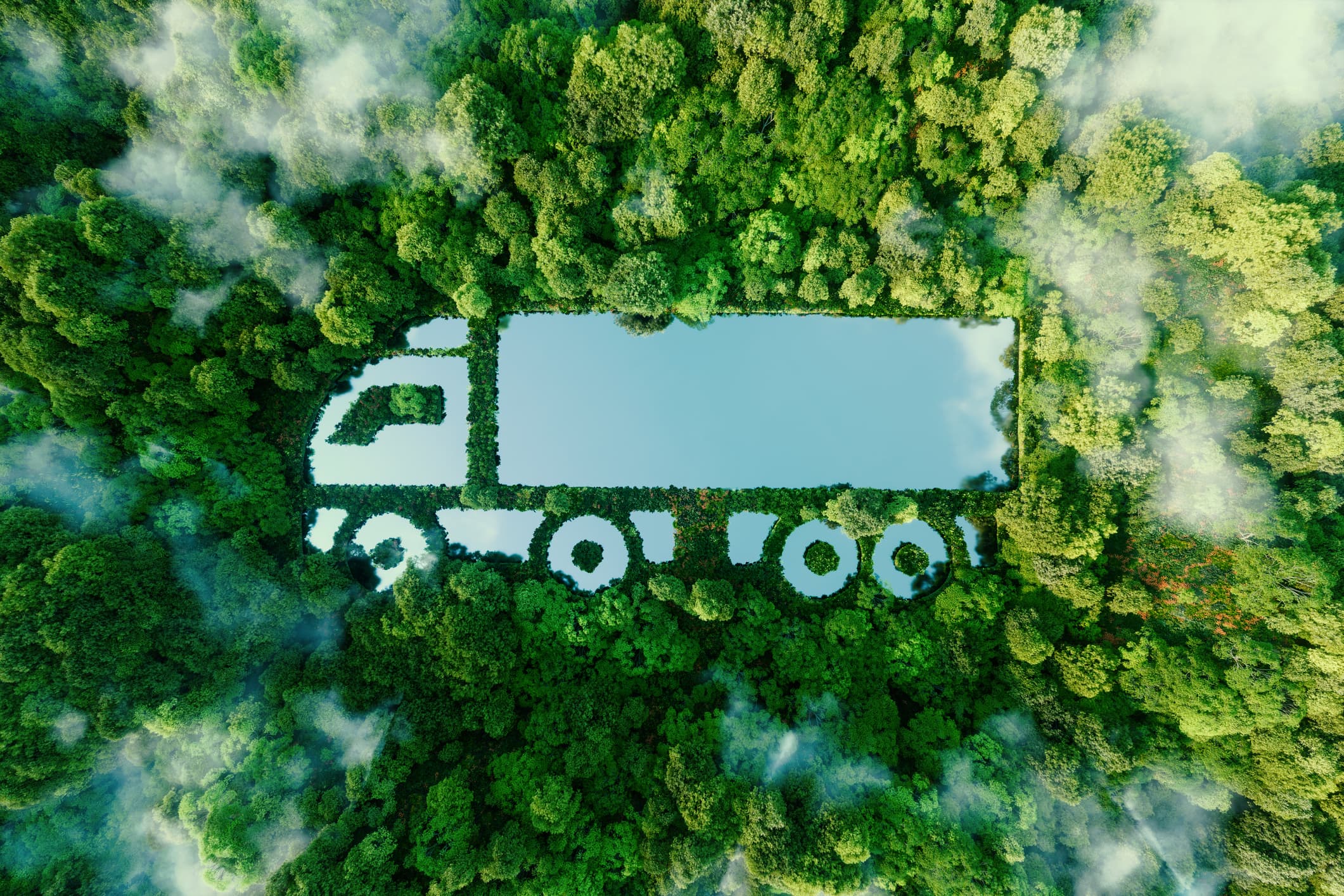 Nachhaltigkeit bei BNP Logistics – Lkw-Silhouette als See im Wald